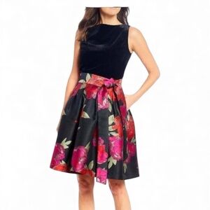 Alex Marie Allie Jacquard Fit & Flare A Line Skirt w Pockets Pink & Black Floral
